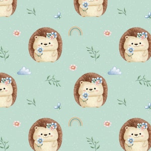May include: A seamless pattern featuring cute cartoon hedgehogs with flower crowns and holding flowers. The background is a light blue with a subtle speckled texture. The pattern also includes small flowers, leaves, clouds, and rainbows.