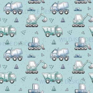 May include: Watercolor pattern featuring construction vehicles like dump trucks and excavators in shades of blue and teal, along with traffic cones and brick shapes, set against a light blue speckled background. The design repeats across the image.