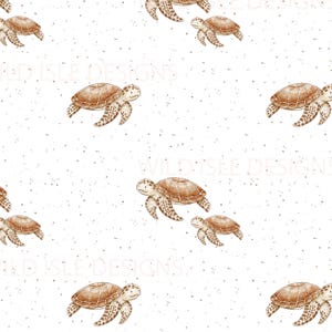 May include: A seamless pattern featuring brown sea turtles on a white background with a speckled texture. The turtles are facing different directions and are swimming in a circular pattern.