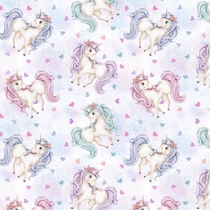 May include: A seamless pattern featuring white unicorns with pastel pink, purple, and blue manes and tails. The background is a light purple with scattered pastel hearts.