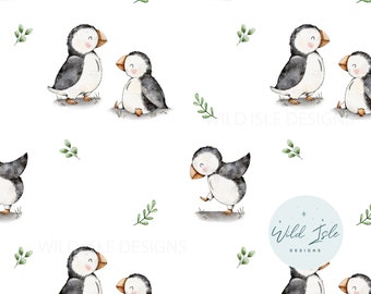 Playful Puffins seamless pattern file, Bird Cute Fabric Design, Summer Baby Seamless Pattern, Non-Exclusive, white background
