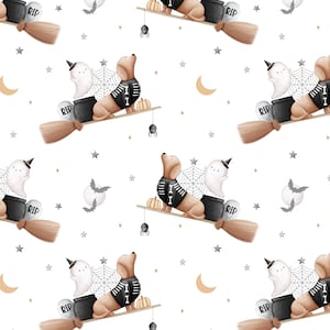 Cute Ghosts seamless pattern, Halloween Fabric Design, Spooky dog, pumpkin, Fabric Seamless File, Non-Exclusive, White background