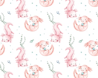 Digitaal bestand met naadloos Axolotl-patroon, schattig stofontwerp, naadloos babypatroon, niet-exclusief, witte achtergrond