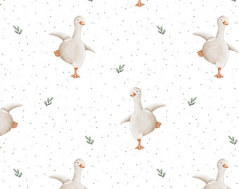 Patrón sin costuras Spring Goose, archivo digital Duck, diseño de tela de granja, verano sin costuras, unisex, no exclusivo, fondo de punto blanco