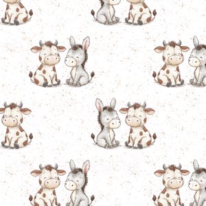 May include: A repeating pattern featuring cartoon cows and donkeys. The cows are brown and white, and the donkeys are grey. Both animals are depicted sitting and smiling. The background is white with small, scattered brown speckles.