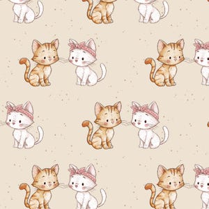May include: A repeating pattern of cartoon cats in shades of orange and white, each with a sweet expression. Some cats wear pink headbands. The background is a light beige with small, scattered dots.