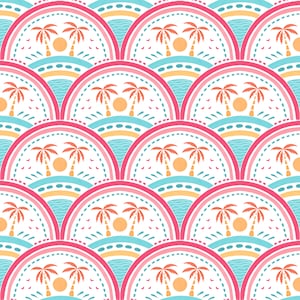 May include: A seamless pattern featuring a repeating design of palm trees, suns, and ocean waves. The pattern is in shades of pink, blue, yellow, and white, and is arranged in a circular pattern.
