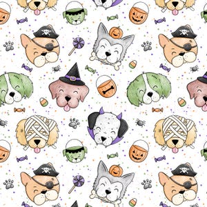 Könnte beinhalten: Ein nahtloses Muster mit verschiedenen Halloween-Hunden, die Kostüme tragen. Die Hunde sind als Pirat, Mumie, Hexe, Werwolf, Frankenstein-Monster und Vampir verkleidet. Der Hintergrund ist weiß mit verstreuten Konfetti und Süßigkeiten.