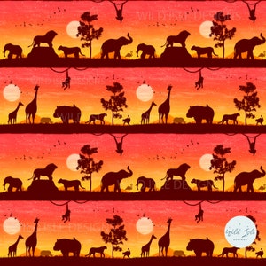 May include: A seamless pattern featuring a repeating design of a sunset scene with silhouettes of various African animals, including a lion, giraffe, elephant, hippopotamus, and monkey. The background is a gradient of orange, yellow, and red.