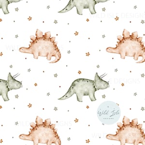 May include: A repeating pattern featuring watercolour illustrations of dinosaurs in shades of brown and green, with small floral accents on a white background. The dinosaurs include Stegosaurus and Triceratops.
