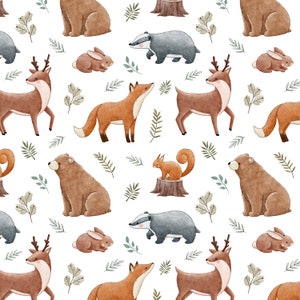 Pode incluir: Um padrão sem costura que apresenta ilustrações de aquarela de animais da floresta, incluindo veados, raposas, texugos, esquilos, ursos e coelhos. Os animais são retratados em um estilo caprichoso com cores suaves e detalhes delicados. O fundo é uma tela branca, criando uma sensação limpa e arejada.
