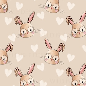 Hand drawn leopard rabbit seamless pattern digital file, Cute Animal repeat Design, girls Non-Exclusive, beige heart background