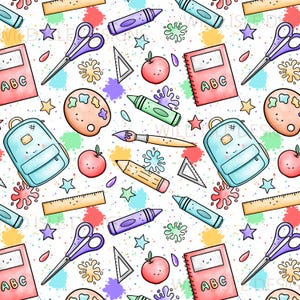 May include: A seamless pattern featuring a variety of colorful school supplies, including a backpack, crayons, scissors, a paint palette, a pencil, a ruler, an apple, and a notebook with the letters "ABC" on the cover. The background is white with colorful paint splatters and stars.