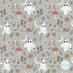 May include: A seamless pattern featuring a whimsical design of ghosts, moths, mushrooms, snails, and crescent moons on a light green background. The pattern is perfect for fabric, wallpaper, or wrapping paper.