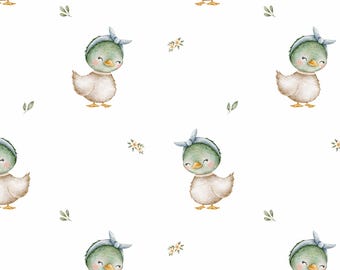 Girl cute duck seamless pattern file, bird Fabric Design, Farm Seamless Pattern, Children's Seamless, Non-Exclusive, White  background
