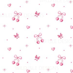 Peut inclure: Un motif sans couture avec des cœurs roses, des nœuds et des cerises sur un fond blanc. Le motif est parfait pour une variété de projets créatifs, tels que le scrapbooking, la fabrication de cartes et la conception de tissus.