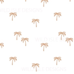 Puede incluir: Un patrón sin costuras que presenta un diseño repetitivo de palmeras marrones sobre un fondo blanco. Las palmeras están estilizadas y tienen un efecto acuarela.