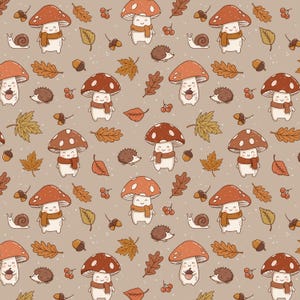 Puede incluir: Patrón repetitivo de setas de dibujos animados con sombreros marrones y tallos blancos, con bufandas. El diseño también incluye erizos, bellotas, hojas, bayas y caracoles sobre un fondo beige.