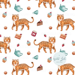 May include: A repeating pattern featuring watercolor illustrations of tigers, cupcakes, cookies, teacups, teapots, strawberries, and cake slices on a white background. The tigers are orange with black stripes. The design includes the text "Wild Isle Designs".