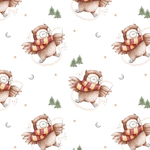 May include: A seamless pattern featuring watercolor illustrations of owls wearing glasses and scarves, holding wands, and surrounded by stars, moons, and pine trees. The owls are brown with red and yellow scarves.