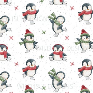 Può includere: Un motivo ripetuto di adorabili pinguini che pattinano sul ghiaccio, con sciarpe e cappelli rossi e verdi. I pinguini sono ambientati su uno sfondo bianco con fiocchi di neve e ramoscelli verdi. Un design invernale stravagante.
