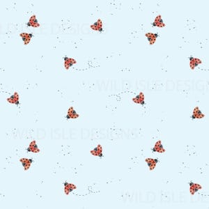 Hand drawn ladybird lady bug seamless pattern digital file, insect repeat Design, unisex Non-Exclusive, blue background