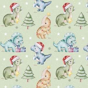 May include: A seamless pattern featuring watercolour illustrations of dinosaurs wearing Santa hats and Christmas lights. The dinosaurs are green, blue, and brown, and they are set against a light green background with white snowflakes.