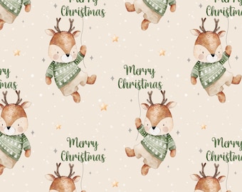 Cute Reindeer seamless pattern, Merry Christmas Fabric Design, Baby Seamless Pattern, Children's Seamless, Non-Exclusive, Beige background