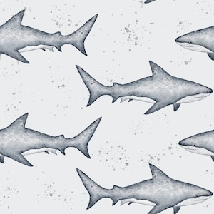 Shark seamless pattern digital file, Ocean Fabric Design, Tiger Shark Seamless Pattern, Children's Seamless, Non-Exclusive, Grey background