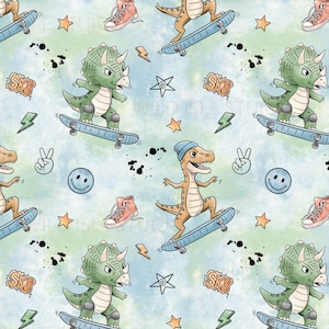 May include: Seamless pattern featuring cartoon dinosaurs skateboarding. The design includes green and brown dinosaurs, skateboards, sneakers, stars, lightning bolts, peace signs, and smiley faces on a blue and green watercolor background.