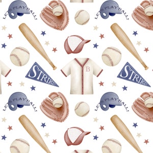 May include: A seamless pattern featuring baseball-themed illustrations, including a baseball glove, baseball bat, baseball cap, baseball jersey, baseball, and a pennant with the word "STRIKE" on it. The pattern is set against a white background and includes red, blue, and white stars.