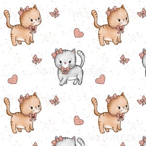 Hand drawn Girl Kitten seamless pattern digital file, Cat Fabric Design, pet Seamless Pattern, Non-Exclusive, White background