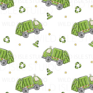 May include: A repeating pattern featuring green garbage trucks with grey wheels, green recycling symbols, green traffic cones, and small yellow stars on a white background. The trucks include a small light on top and a recycling logo on the side.