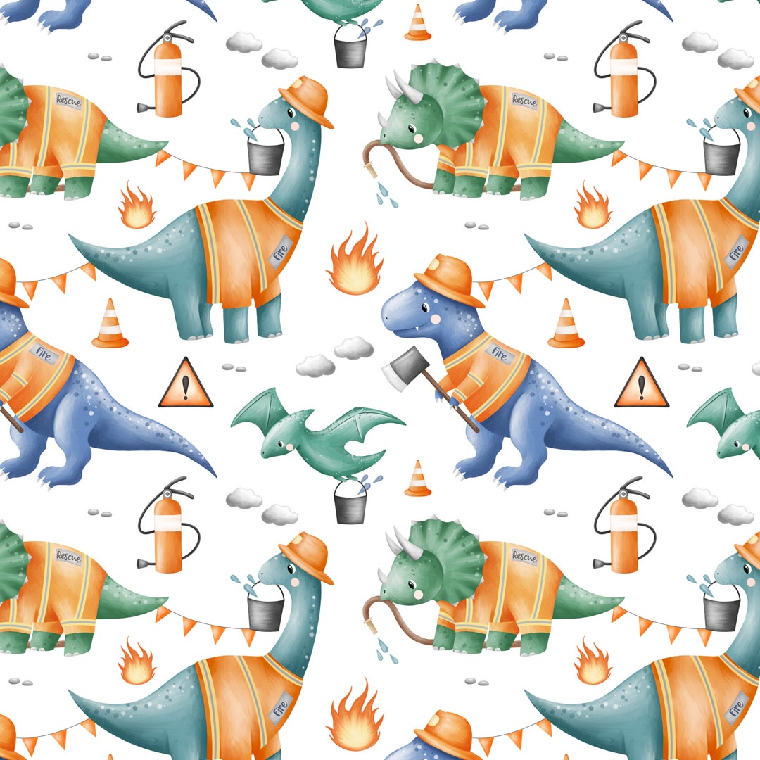 Fierfighting Pattern Fire Fighting Dinosaur Seamless Pattern Digital File, Repear Design ...