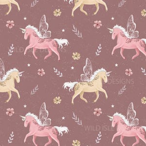 May include: A seamless pattern featuring pink and beige unicorns with wings on a dusty rose background. The unicorns have intricate floral designs on their bodies and wings. The background is speckled with small white stars and pink and beige flowers.