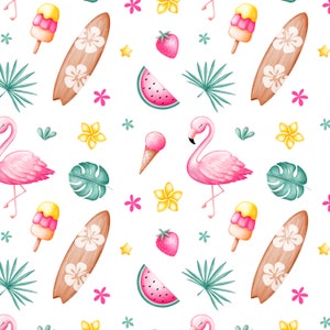 Letnia plaża surfing bezszwowy wzór, Flamingo Fabric Design, Tropical Seamless Pattern, Dziecięcy bezszwowy, Nieekskluzywny, Białe tło