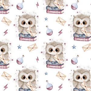 Chouette magique, téléchargement numérique de motif transparent magique, conception de tissu sorcier, motif transparent pour enfants, non exclusif, fond blanc