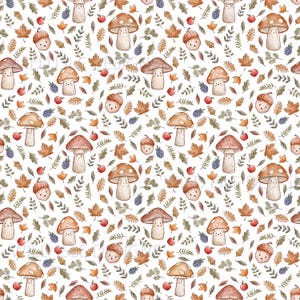 Puede incluir: Patrón repetitivo de ilustraciones en acuarela con setas, bellotas, hojas, manzanas y bayas en tonos marrón, naranja, rojo y morado sobre fondo blanco. El diseño tiene un tema otoñal caprichoso.
