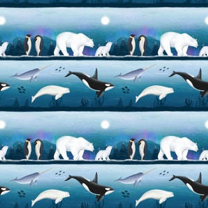May include: A seamless pattern featuring a repeating design of polar bears, penguins, narwhals, beluga whales, and orcas. The background is a blue gradient with white stars and a moon. The pattern is perfect for fabric, wallpaper, or wrapping paper.