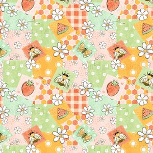 May include: A seamless pattern featuring a patchwork design with various elements, including bees, butterflies, strawberries, watermelons, daisies, and honeycomb. The pattern is in shades of pink, green, yellow, and orange.