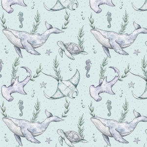 Ocean seamless pattern digital file, Under the sea Fabric Design, Baby Seamless Pattern, Children's Seamless, Non-Exclusive, mint background