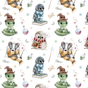 May include: A repeating pattern with watercolour illustrations of wizard-themed animals, including a snake, owl, badger, and bird. The design features stars, potion bottles, and wands on a white backdrop. The characters are in shades of green, yellow, and grey.