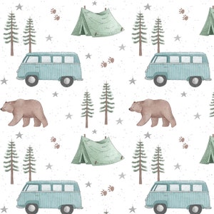 May include: A repeating watercolour pattern with a blue camper van, brown bears, green tents, pine trees, paw prints, and grey stars on a white background. The design has a whimsical, outdoorsy theme.