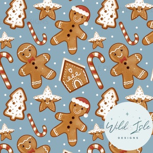 May include: A seamless pattern featuring gingerbread men, gingerbread houses, candy canes, and Christmas trees on a light blue background. The pattern is perfect for holiday crafts and decorations.