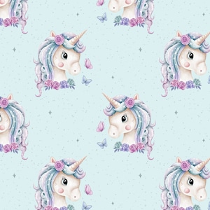 May include: A seamless pattern featuring a repeating design of a white unicorn head with a blue and purple mane and horn. The unicorn is adorned with pink and purple flowers and surrounded by small blue butterflies on a light blue background.
