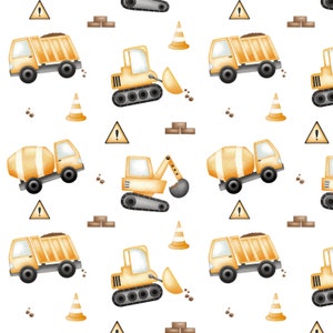 May include: A repeating pattern featuring yellow and grey construction vehicles, such as dump trucks and excavators. The design includes orange traffic cones, brown bricks, and caution signs, all set against a white backdrop.
