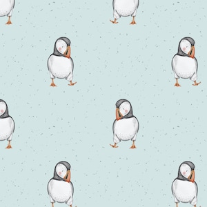 Plik z bezszwowym wzorem Puffin, uroczy wzór na tkaninie Bird, bezszwowy wzór Summer Baby, nieekskluzywny, tło w kolorze akwamaryny w niebieskie plamki