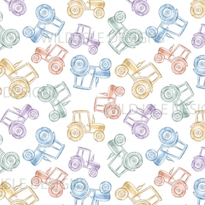 May include: A repeating pattern of watercolour tractors in shades of blue, orange, yellow, and purple, set against a white backdrop. The tractors are shown in various positions, creating a whimsical design. The image has a soft, artistic quality.