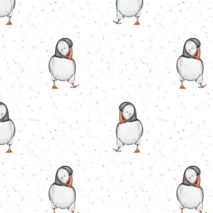 Wzór bezszwowy Puffin, uroczy wzór tkaniny Bird, wzór bezszwowy Summer Baby, nieekskluzywny, białe tło z plamkami