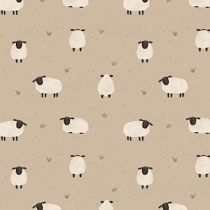 May include: A repeating pattern on a light tan background featuring illustrations of white sheep with black faces and legs, interspersed with small green grass tufts and tiny dark speckles throughout the entire surface design.
